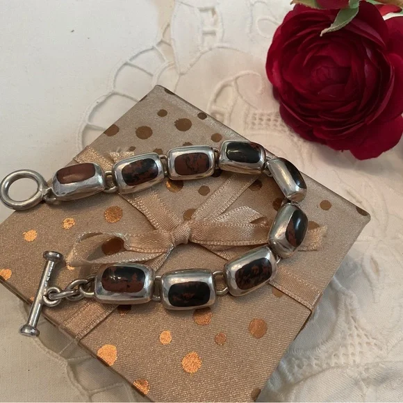 VINTAGE .950 SILVER MAHOGANY OBSIDIAN 9 LINK BRACELET, TOGGLE CLASP 36 GRAMS - Picture 13 of 16